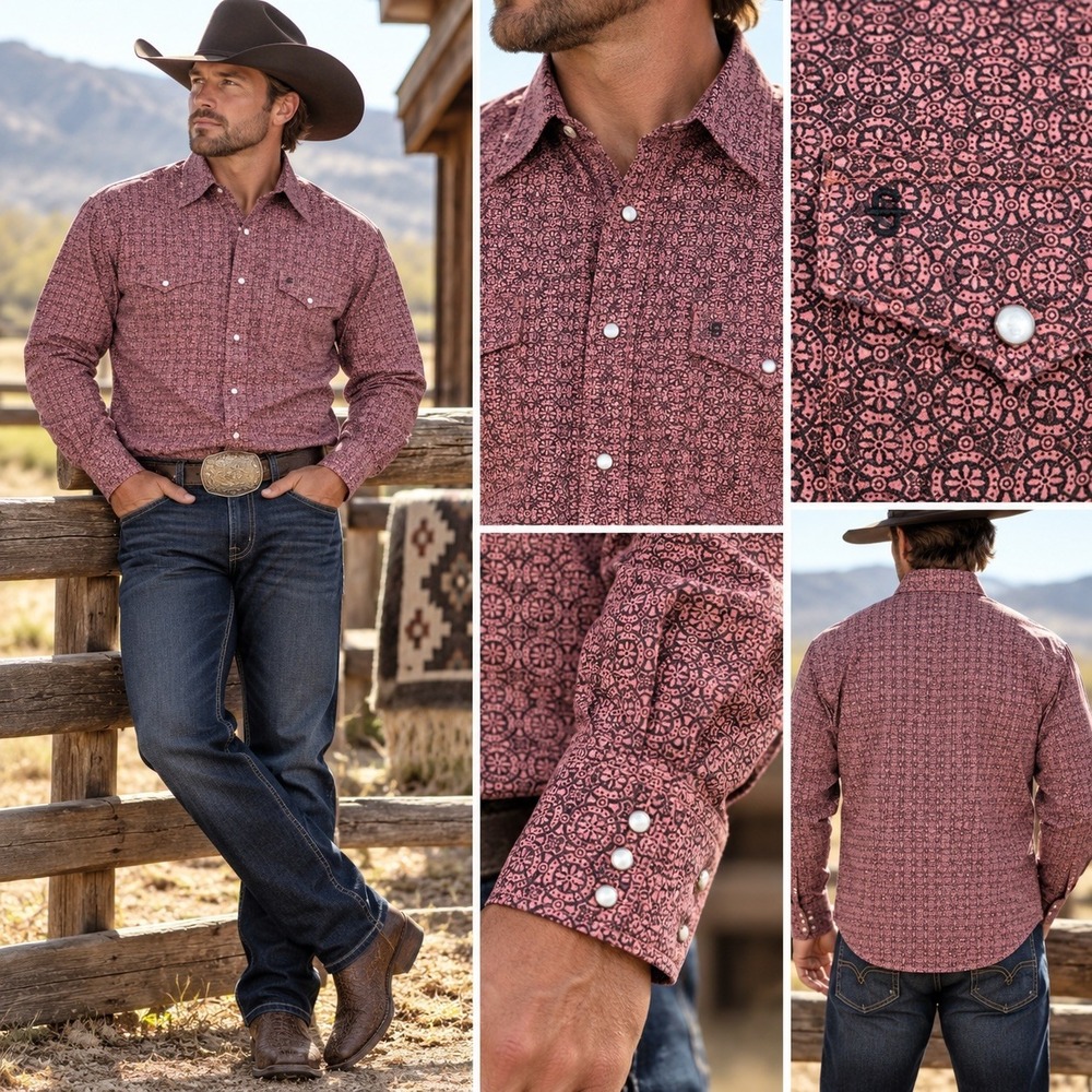 Pearl Snap Western Shirt Stetson Men L Geometric Cowboy Rodeo 100% Cotton